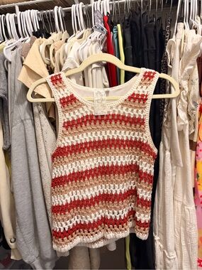 Crochet Stripe Tank Top - Red, Cream, Tan